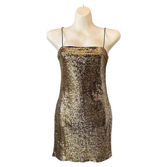 Forever 21 Women's Gold Sequin Mini Dress Size Small Spaghetti Straps New Year’s - Picture 1 of 11
